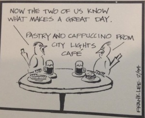 Cartoon promoting the addition of the cafe to City Lights Bookstore.
